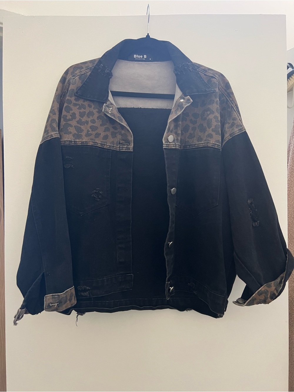 Blue B Collection Black Leopard Distressed Denim Jacket M